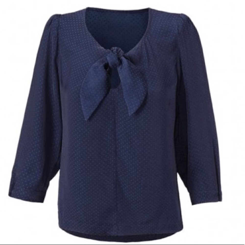 Cabi Navy Blue Dot Tie Neck Knot Blouse, Medium